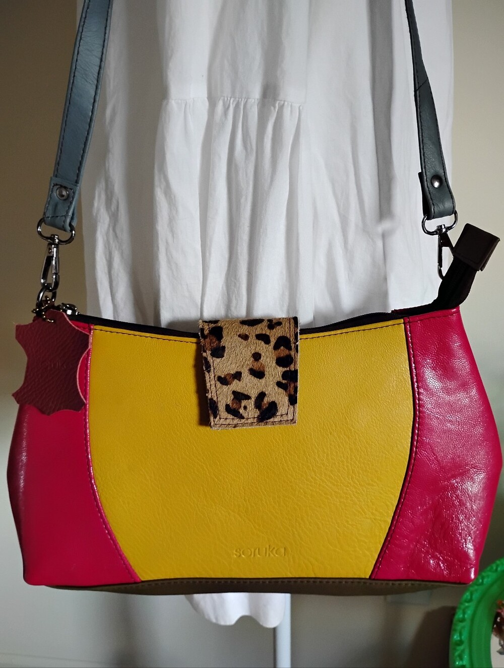Soruka Genuine Leather Shoulder Bag Colorful Pink Yellow Green Leopard Medium